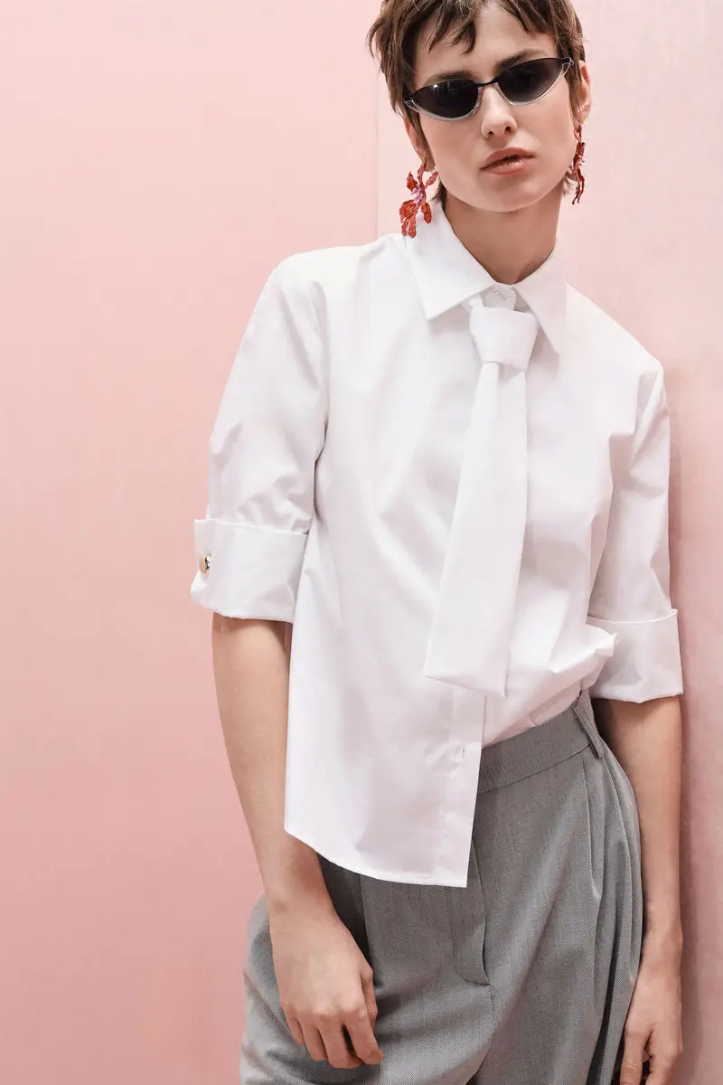 Camicia con maniche risvoltate e cravatta applicata Bianco miniatura 2