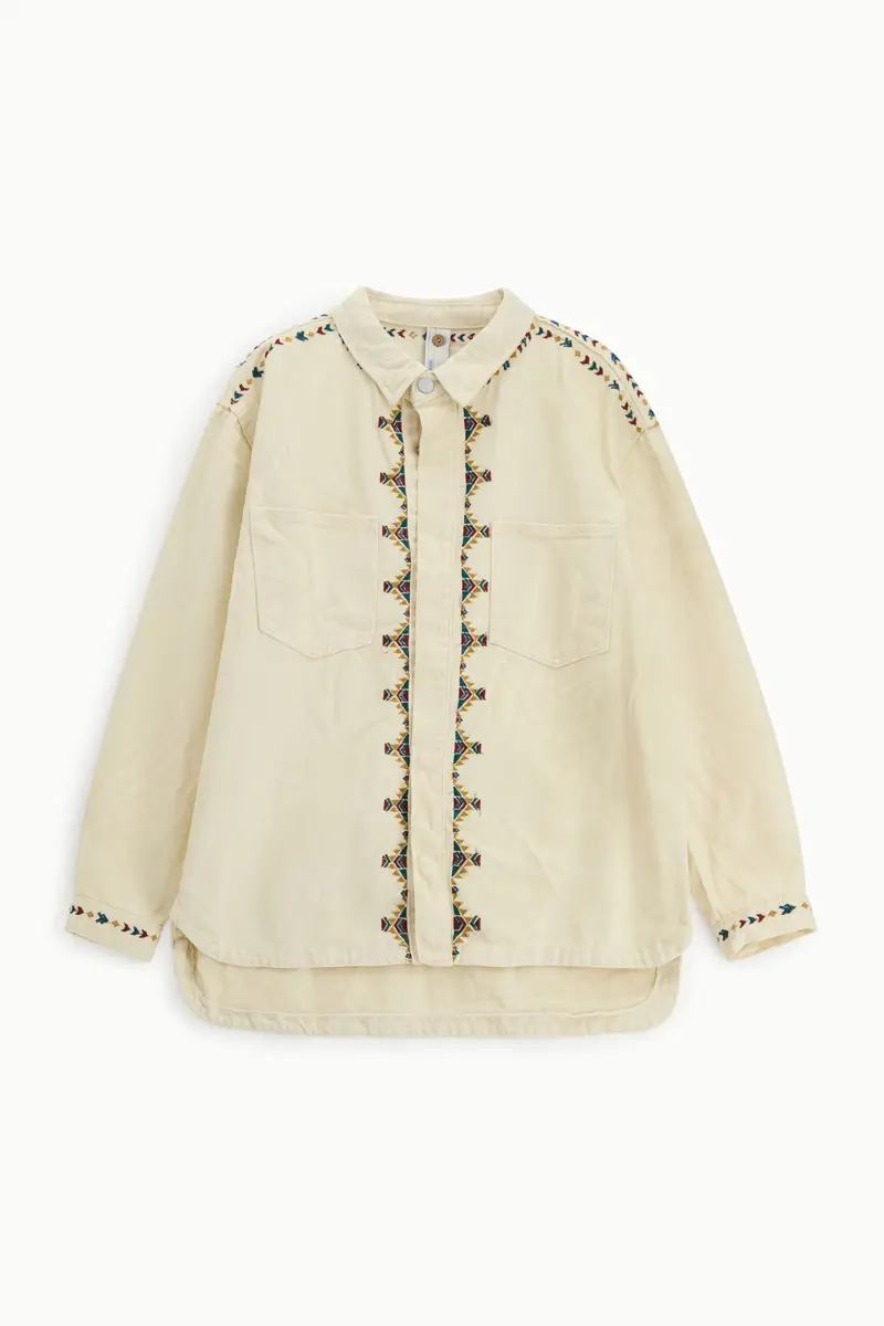 Camicia con ricami geometrici e tasche frontali Sabbia