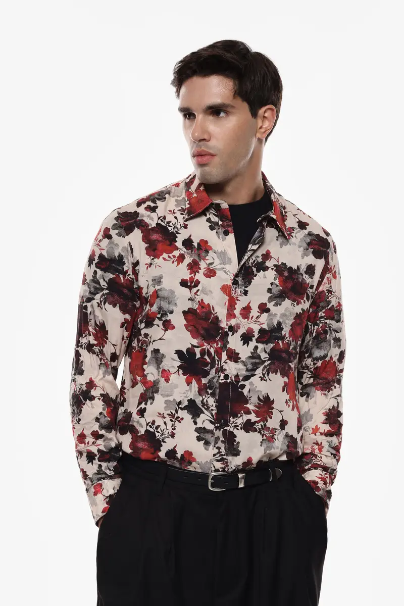 Camicia con stampa a maniche lunghe Beige miniatura 2