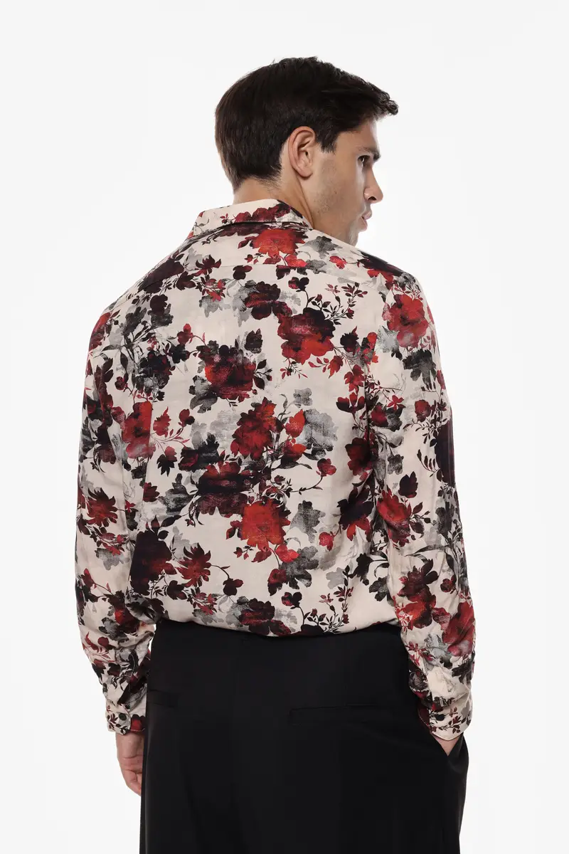 Camicia con stampa a maniche lunghe Beige miniatura 3