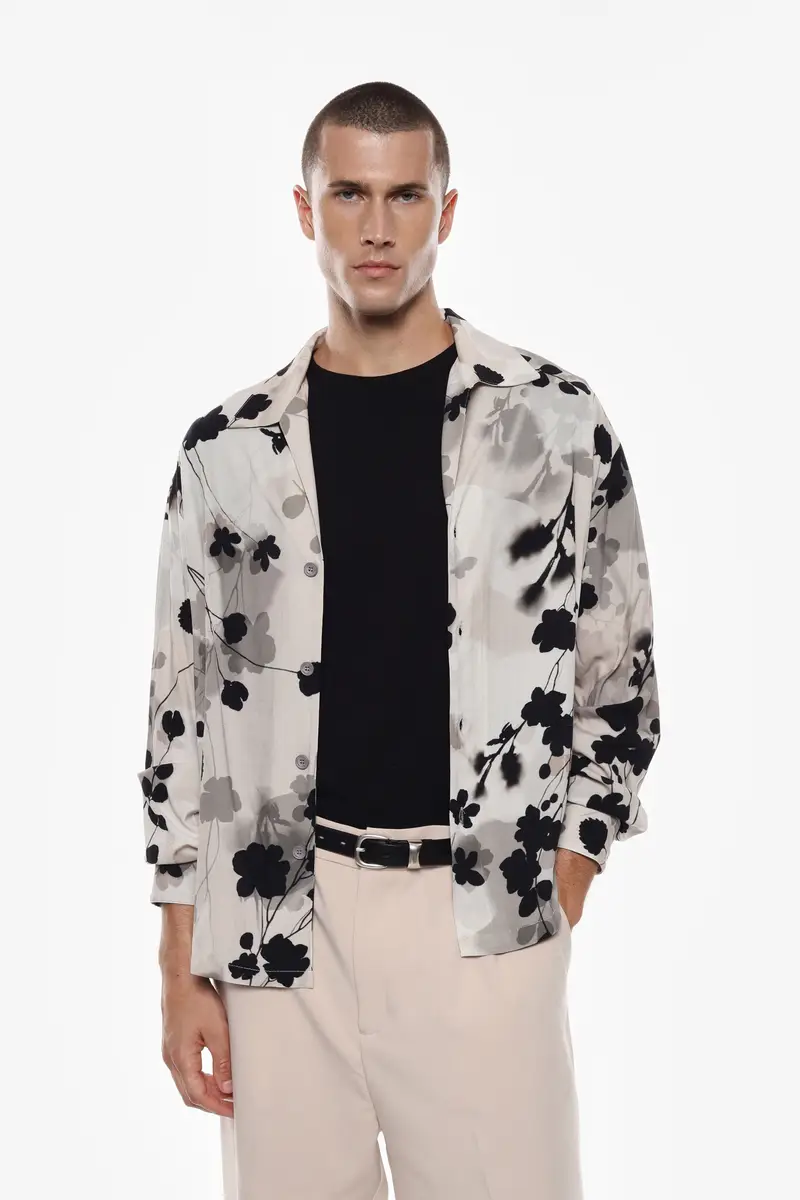 Camicia con stampa botanica e colletto Panna miniatura 2