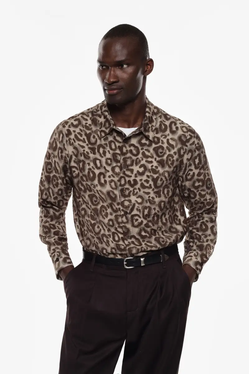 Camicia con stampa e colletto classico Beige miniatura 2