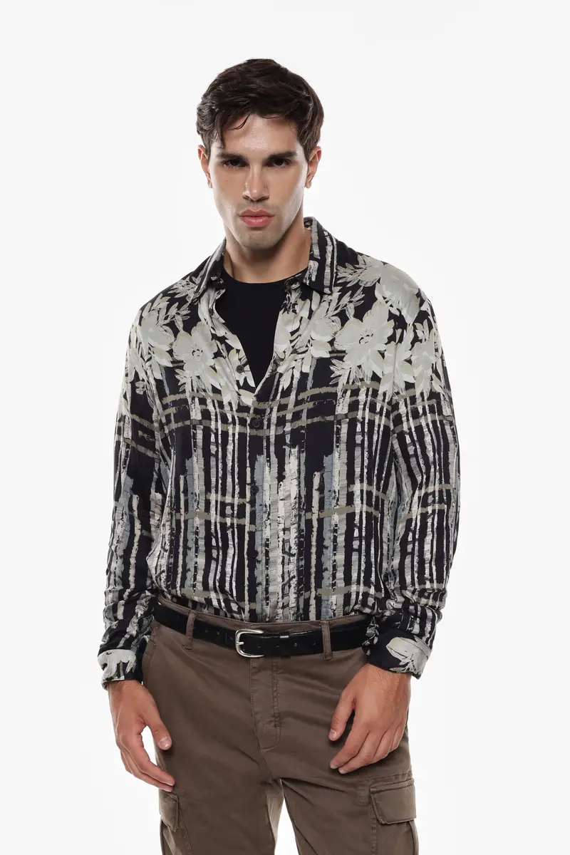 Camicia con stampa floreale con maniche lunghe Nero miniatura 2