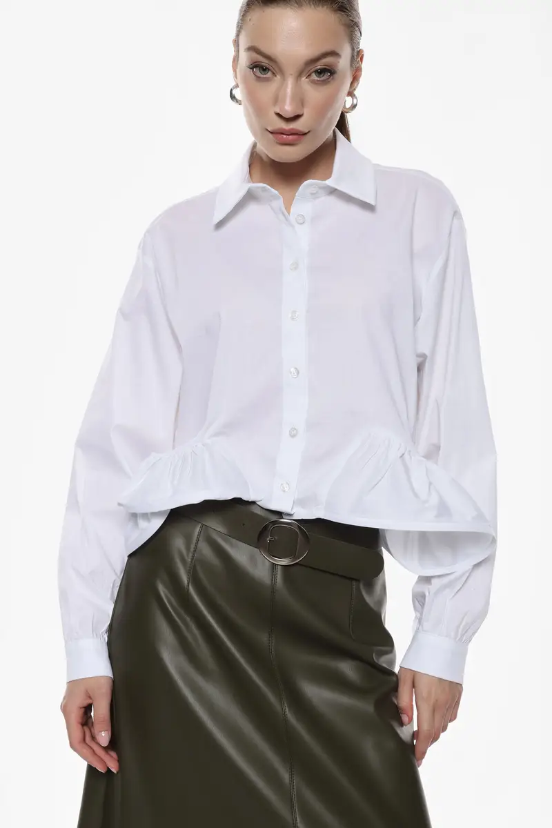 Camicia corta con volant e maniche lunghe Bianco miniatura 2