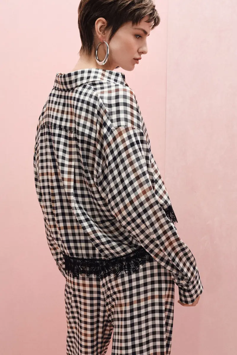 Camicia cropped a quadri con bordo in pizzo Panna miniatura 3