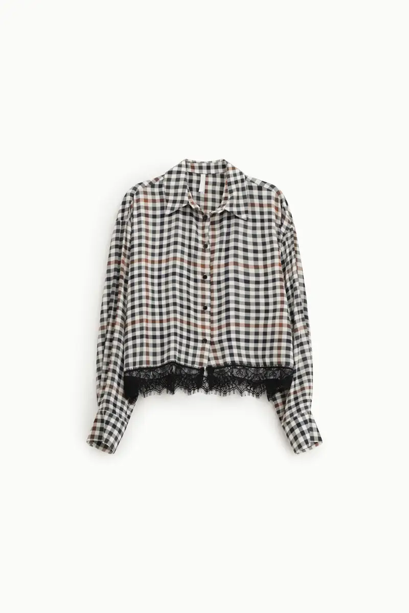 Camicia cropped a quadri con bordo in pizzo Panna