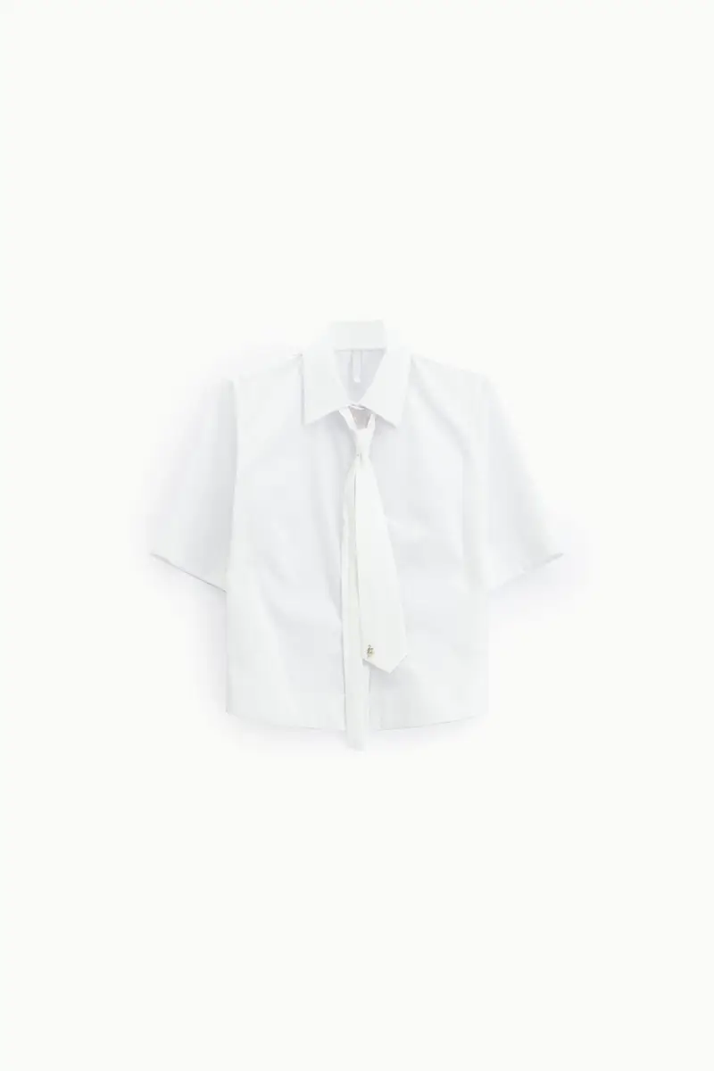 Camicia cropped con cravatta decorativa e maniche corte Bianco
