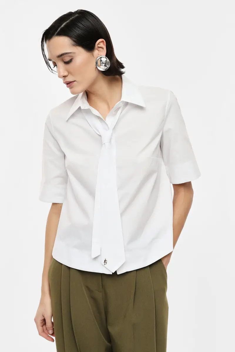 Camicia cropped con cravatta decorativa e maniche corte Bianco miniatura 2
