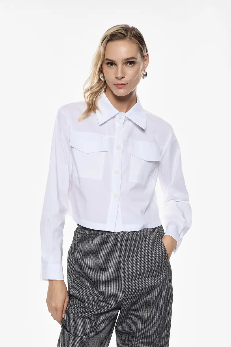 Camicia cropped con tasche frontali e bottoni Bianco miniatura 2