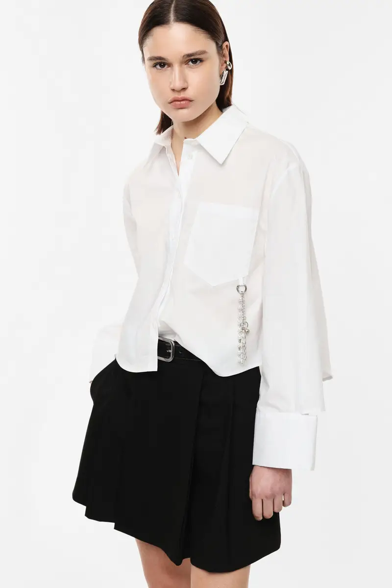 Camicia cropped con taschino e maxi polsini Bianco miniatura 2
