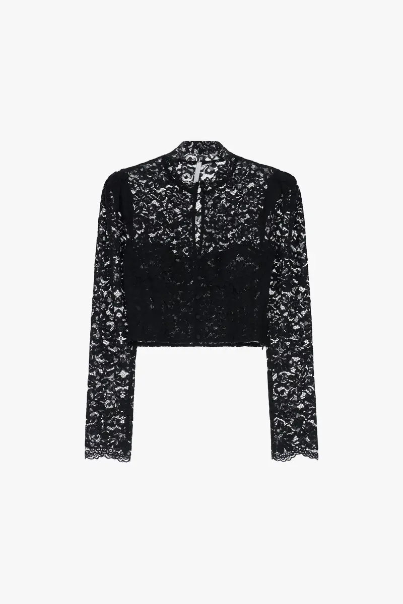 Camicia cropped pizzo floreale con colletto alla coreana Nero