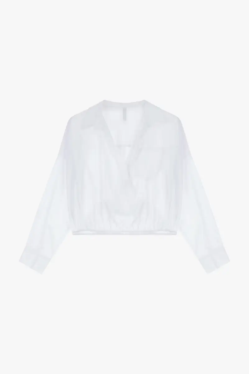 Camicia cropped scollo a v con elastico e taschino Bianco