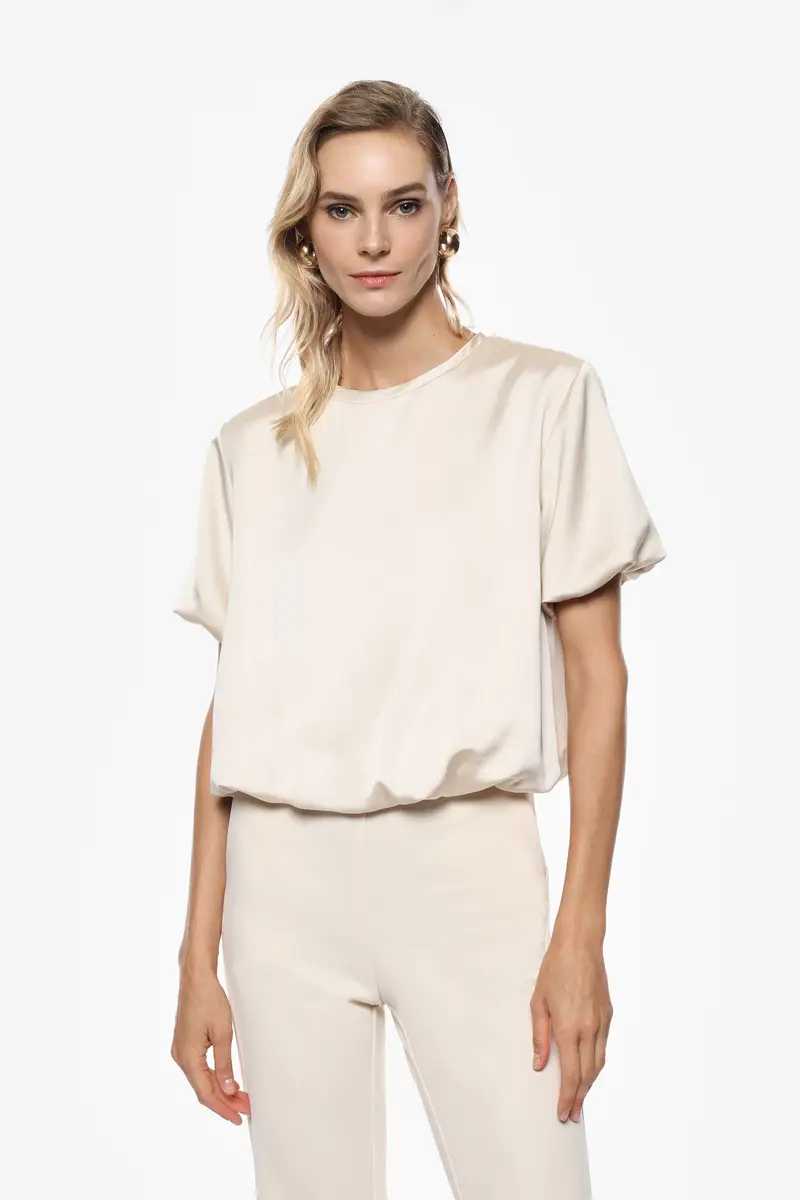 Camicia fit ampio maniche corte con orlo arricciato Gesso miniatura 2