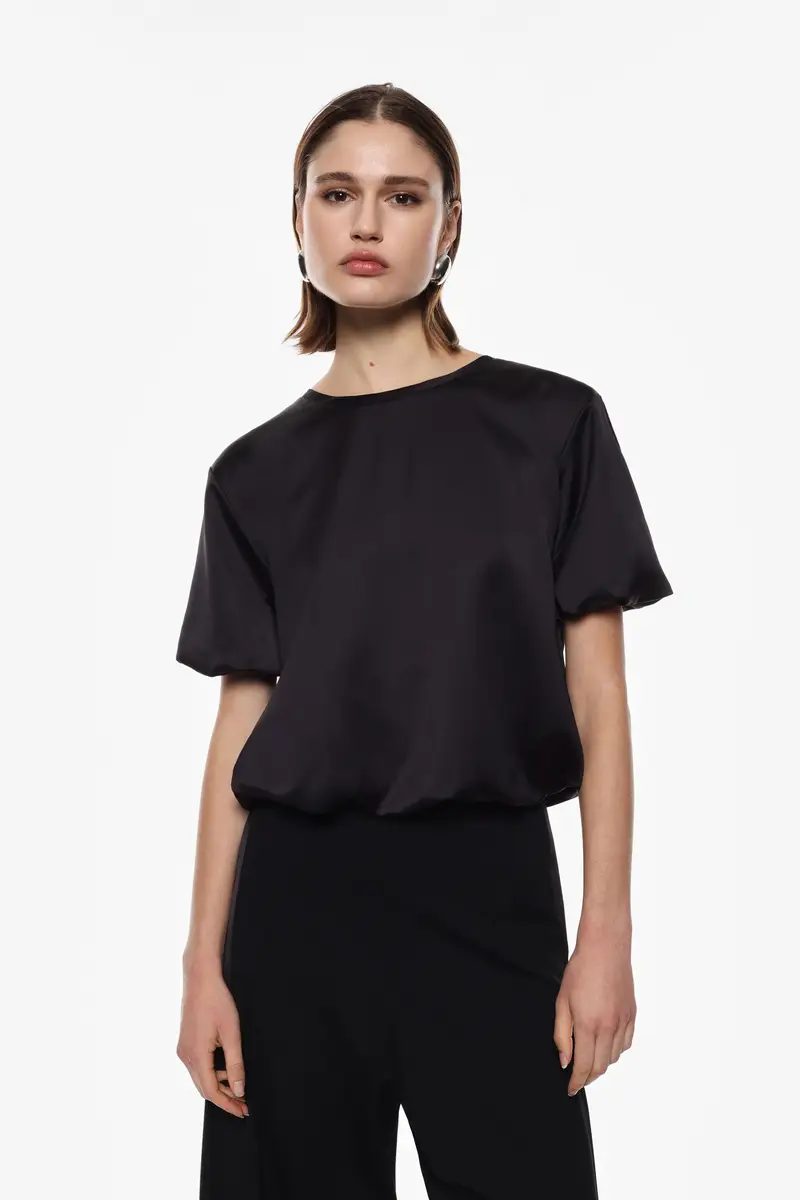 Camicia fit ampio maniche corte con orlo arricciato Nero miniatura 2