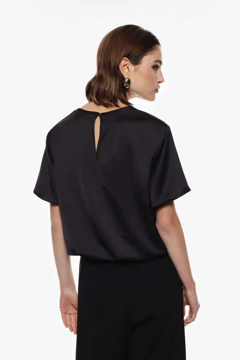 Camicia fit ampio maniche corte con orlo arricciato Nero miniatura 3