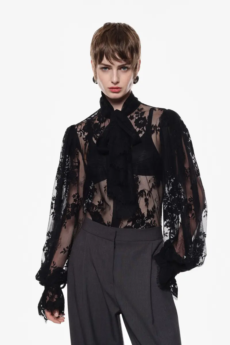 Camicia in pizzo con maniche lunghe Nero miniatura 2