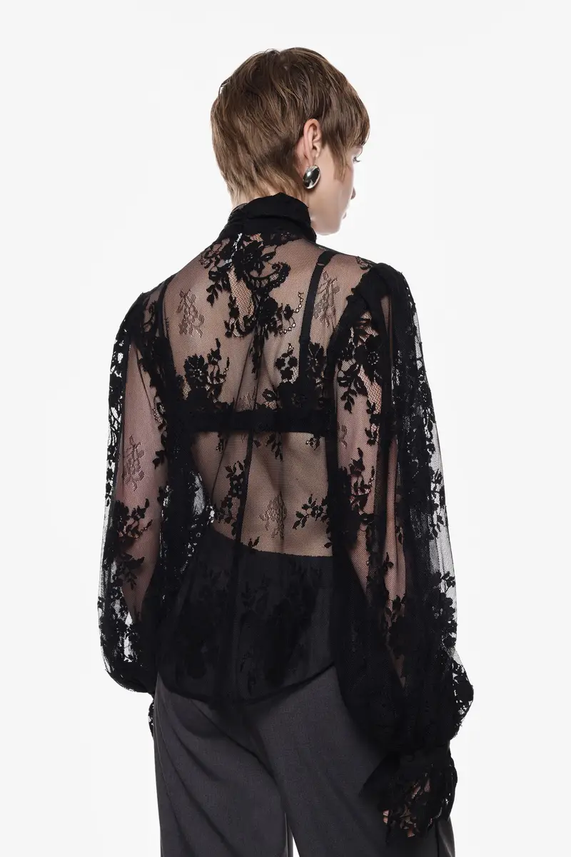 Camicia in pizzo con maniche lunghe Nero miniatura 3