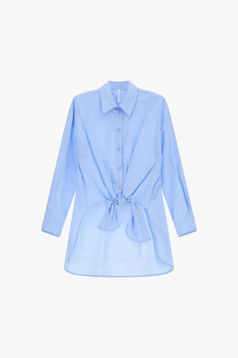 Camicia lunga con nodo frontale e abbottonatura Celeste