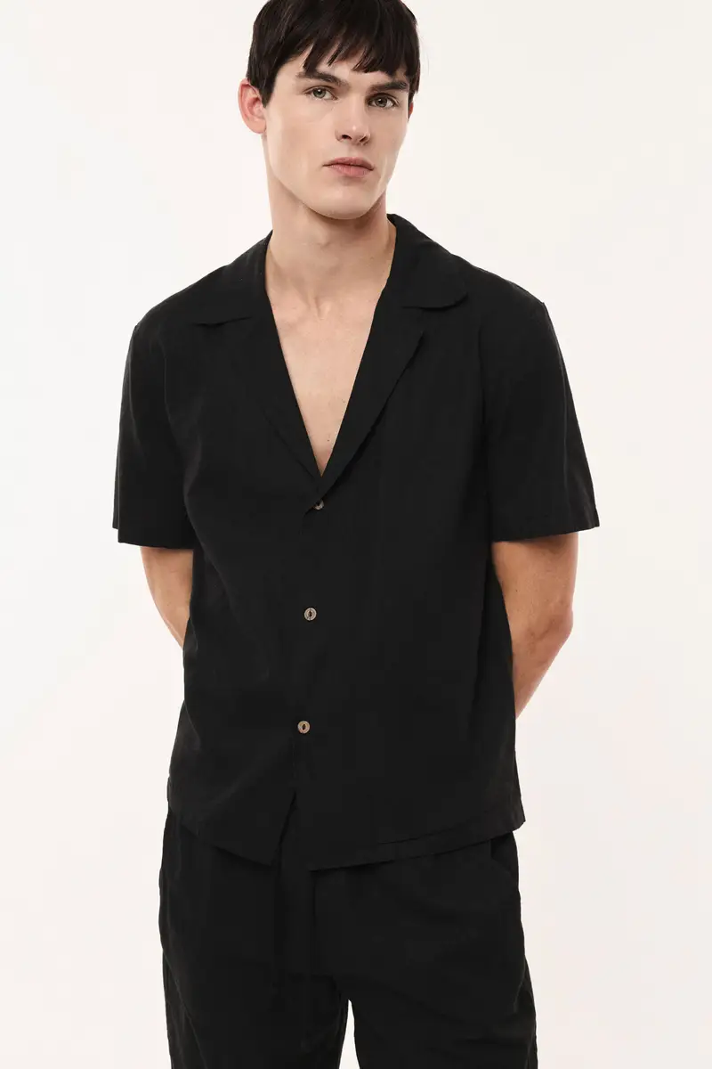 Camicia manica corta con colletto classico e bottoni Nero miniatura 2