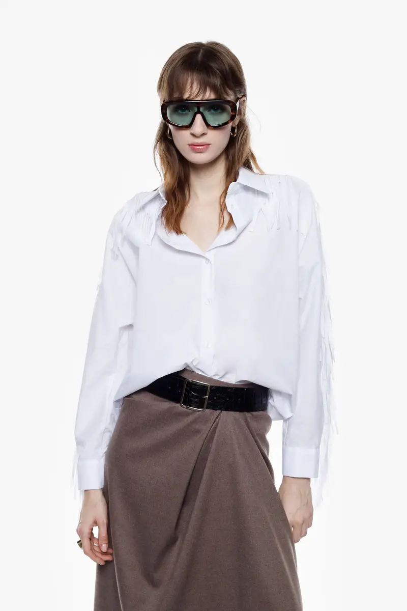 Camicia oversize con frange e chiusura frontale Bianco miniatura 2