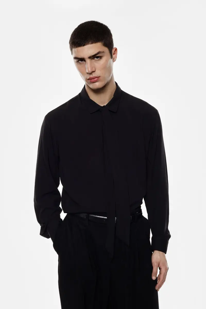 Camicia regular fit con fiocco e colletto classico Nero miniatura 2