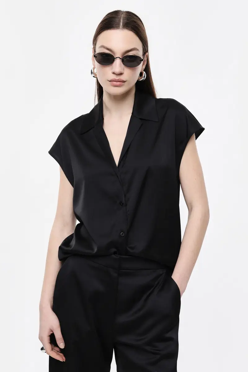 Camicia senza maniche con colletto classico Nero miniatura 2