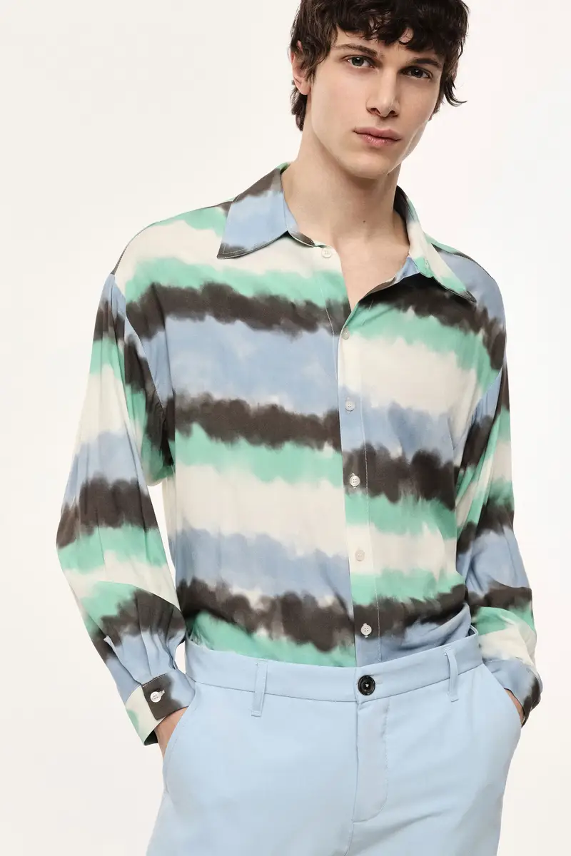 Camicia stampa a righe sfumate con colletto classico Panna miniatura 2