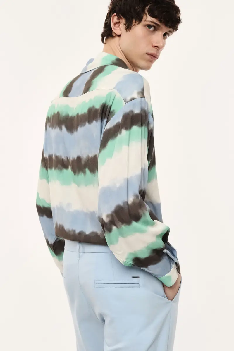 Camicia stampa a righe sfumate con colletto classico Panna miniatura 3