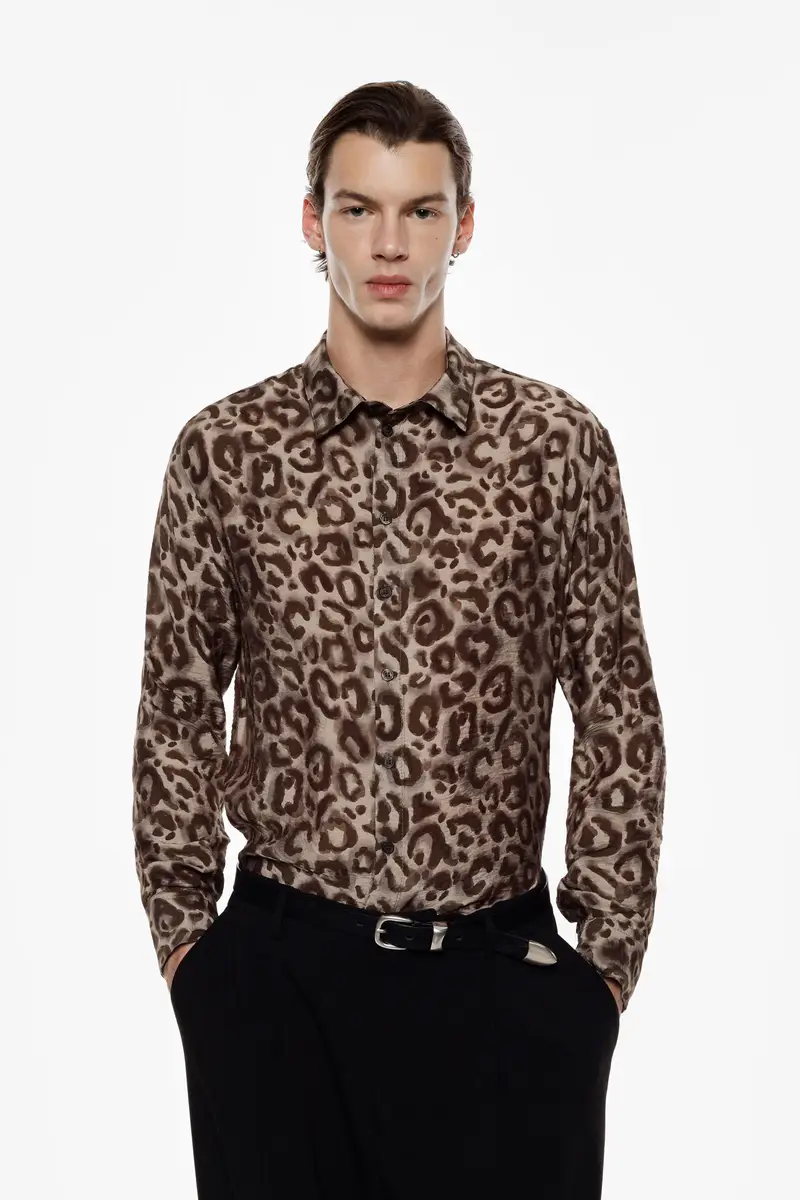 Camicia stampa animalier con maniche lunghe Beige miniatura 2