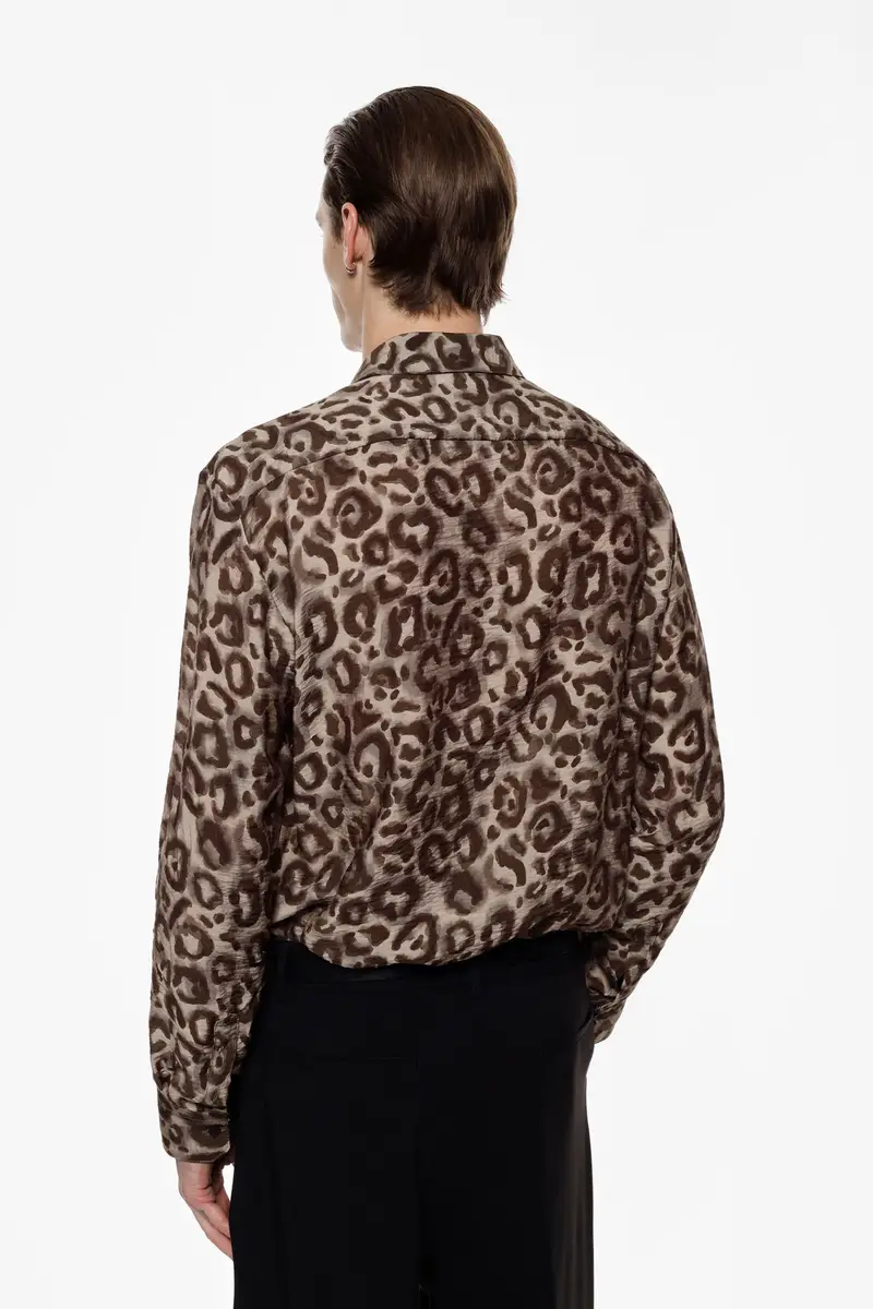 Camicia stampa animalier con maniche lunghe Beige miniatura 3