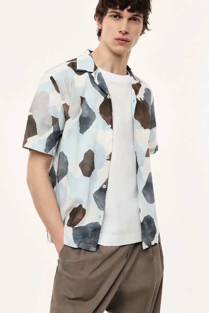 Camicia stampa astratta collo classico manica corta Azzurro miniatura 2