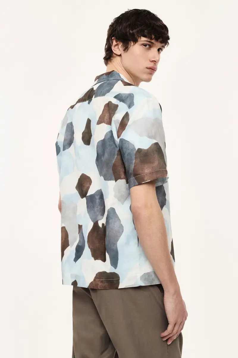 Camicia stampa astratta collo classico manica corta Azzurro miniatura 3