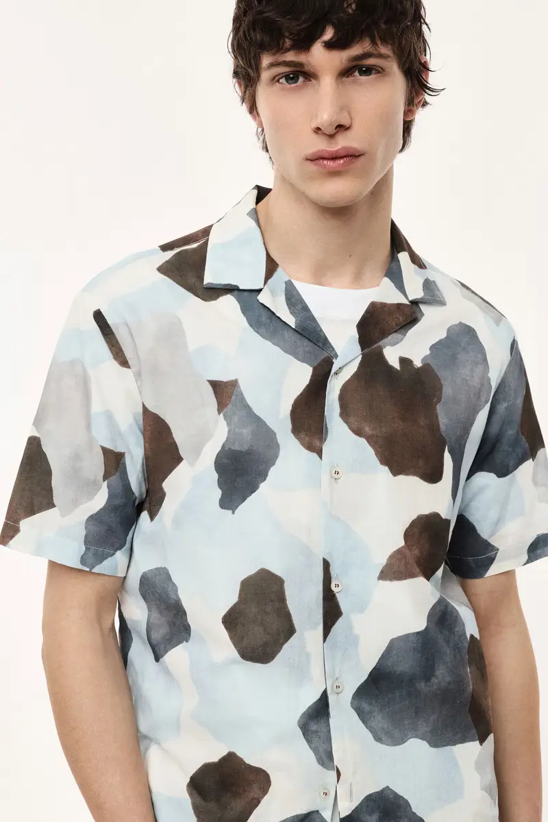 Camicia stampa astratta collo classico manica corta Azzurro miniatura 4