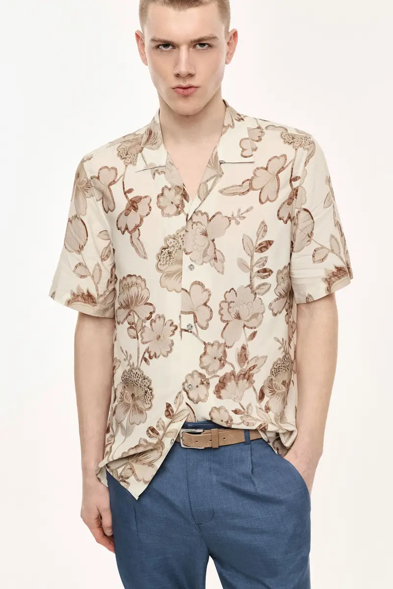 Camicia stampa floreale collo classico manica corta Beige miniatura 2