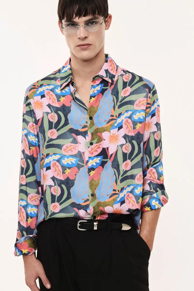 Camicia stampa floreale con colletto classico Blu miniatura 2