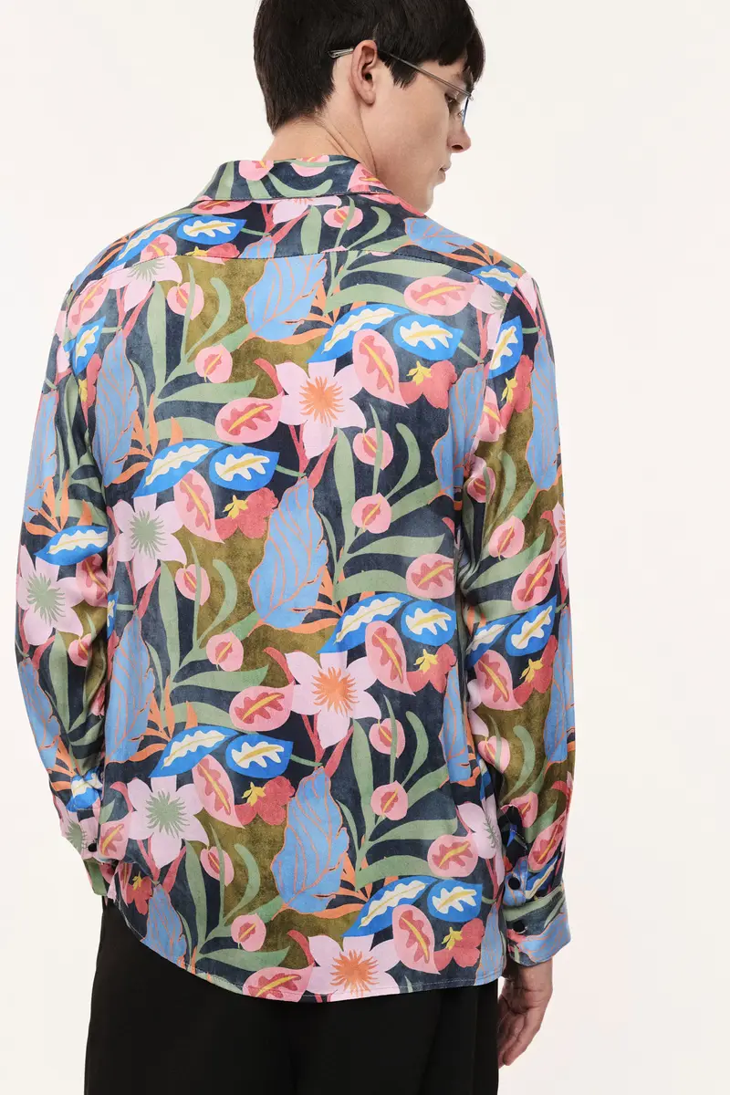 Camicia stampa floreale con colletto classico Blu miniatura 3