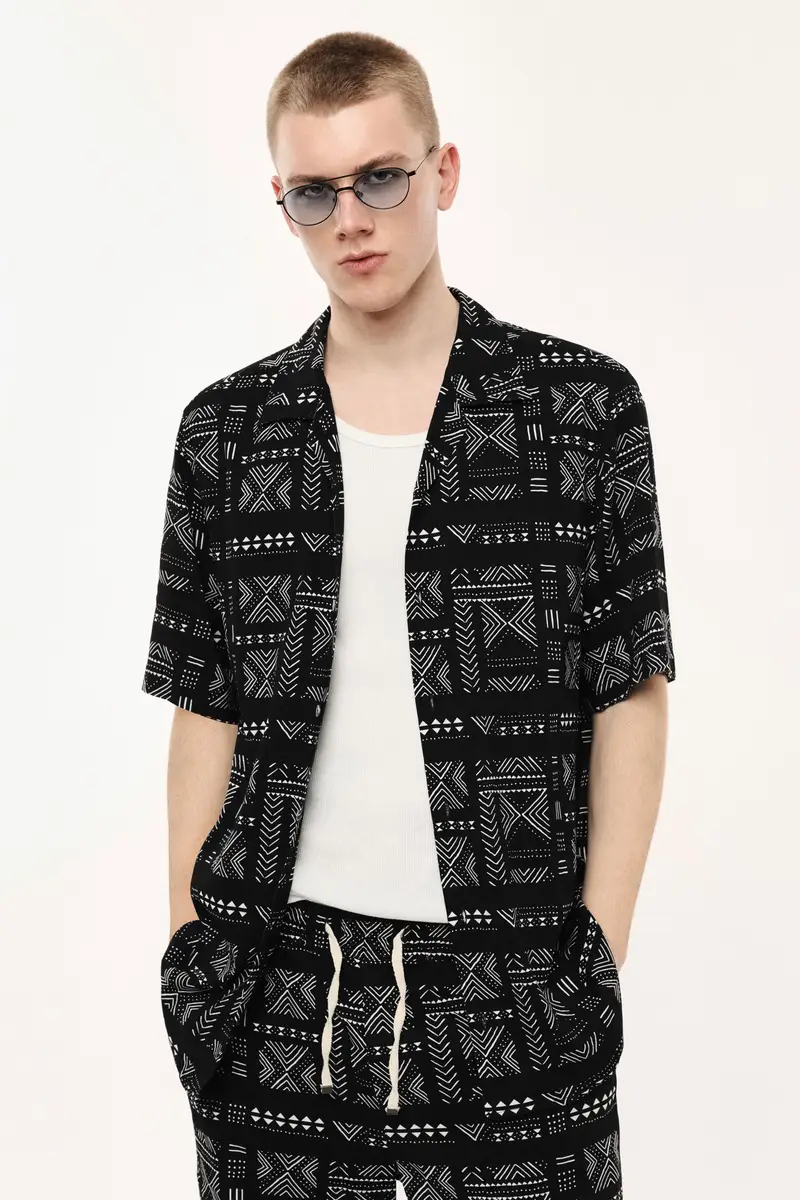 Camicia stampa geometrica con colletto classico Nero miniatura 2