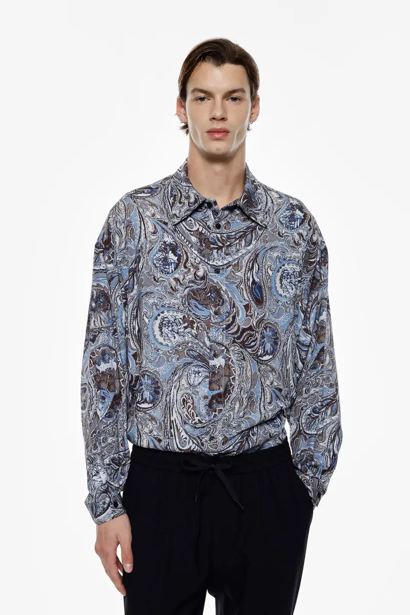 Camicia stampa paisley collo classico manica lunga Azzurro miniatura 2