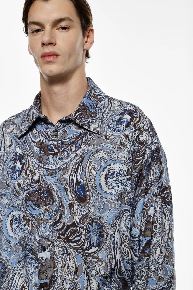 Camicia stampa paisley collo classico manica lunga Azzurro miniatura 3