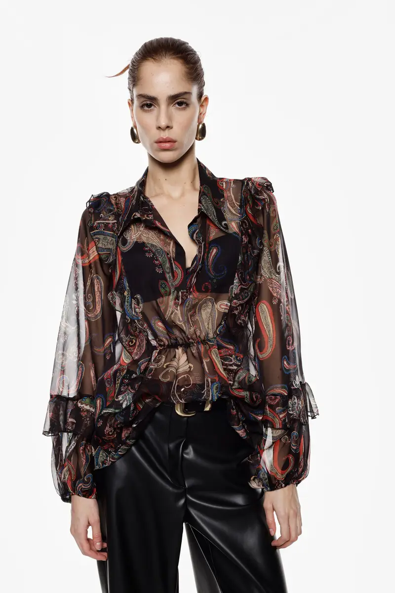 Camicia stampa paisley con bottoni e maniche a sbuffo Nero miniatura 2