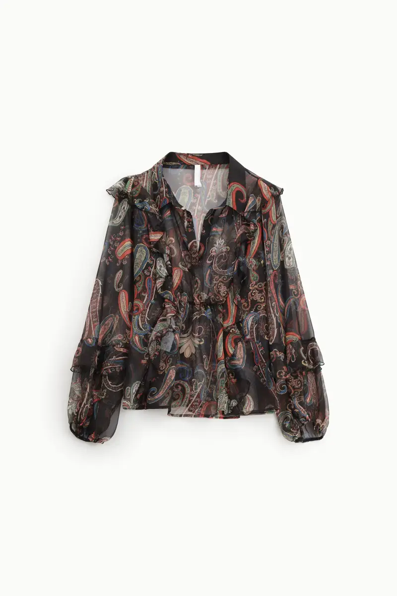 Camicia stampa paisley con bottoni e maniche a sbuffo Nero