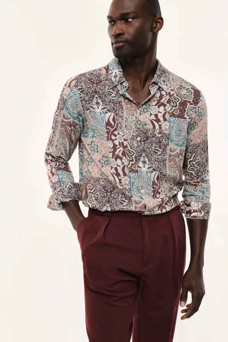 Camicia stampa patchwork collo classico manica lunga Beige miniatura 2