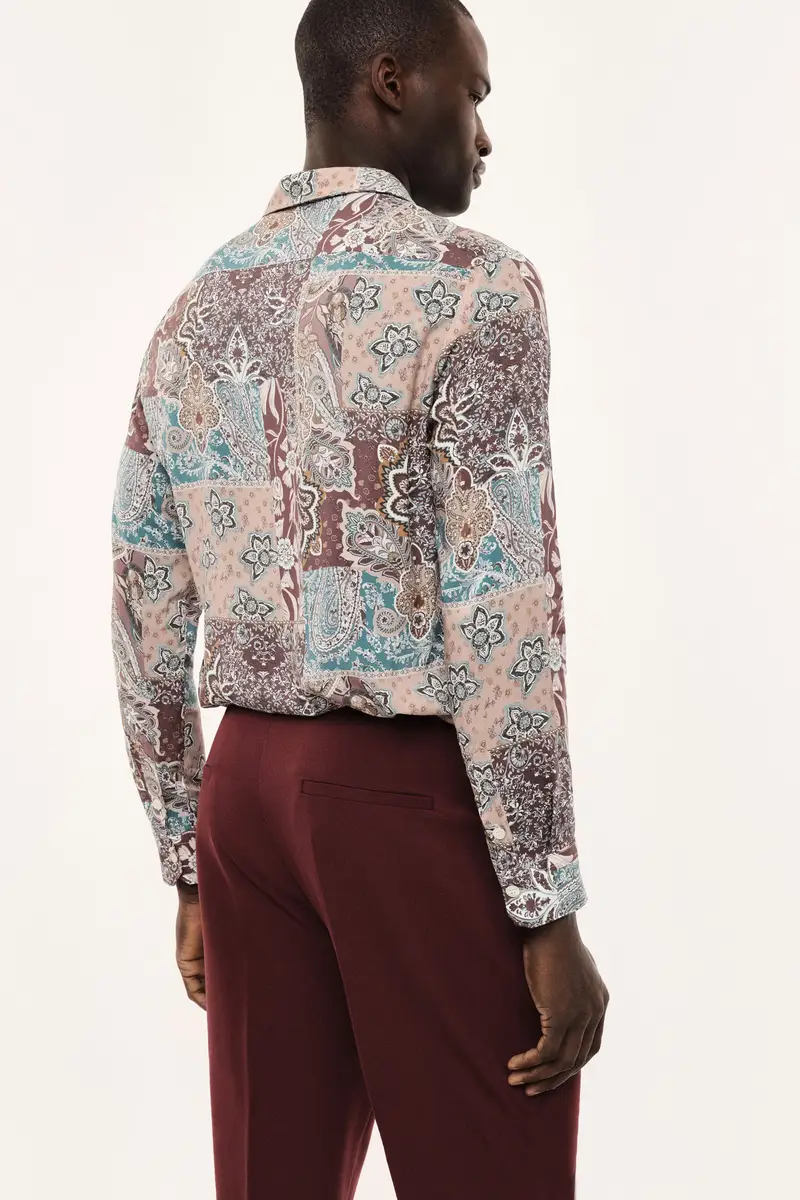 Camicia stampa patchwork collo classico manica lunga Beige miniatura 3