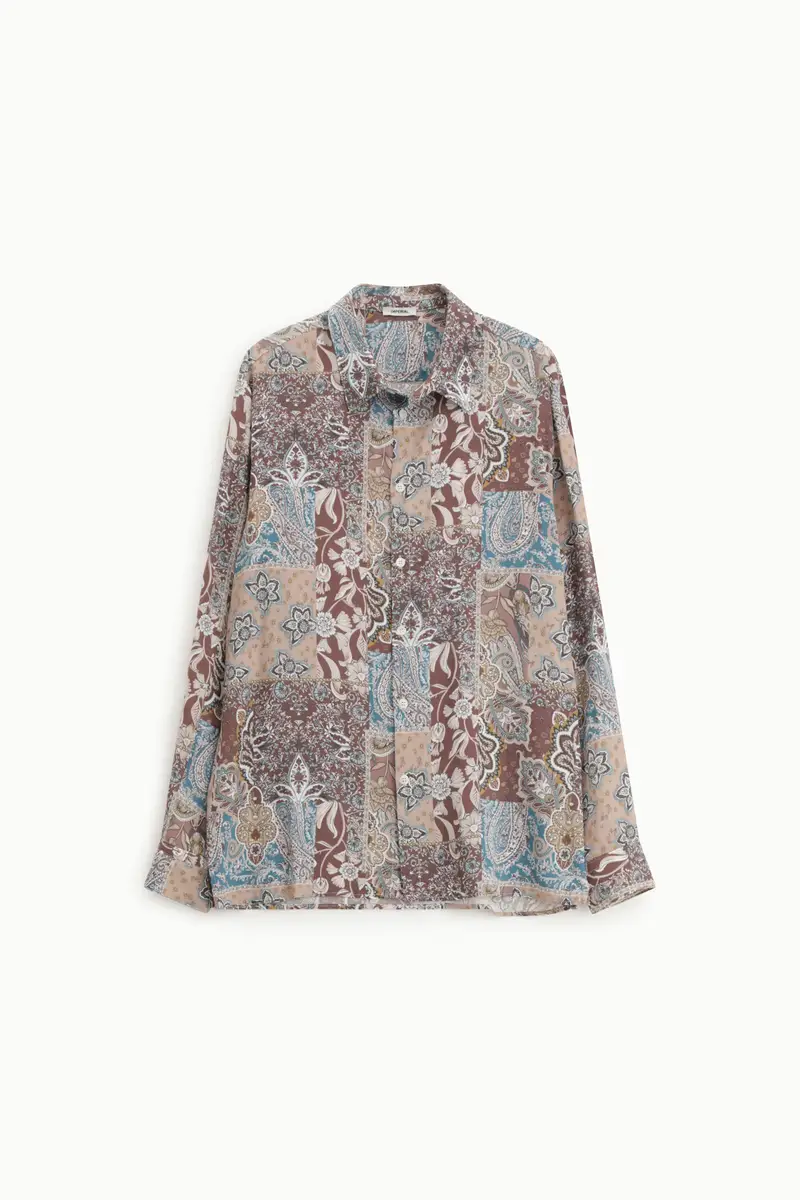Camicia stampa patchwork collo classico manica lunga Beige