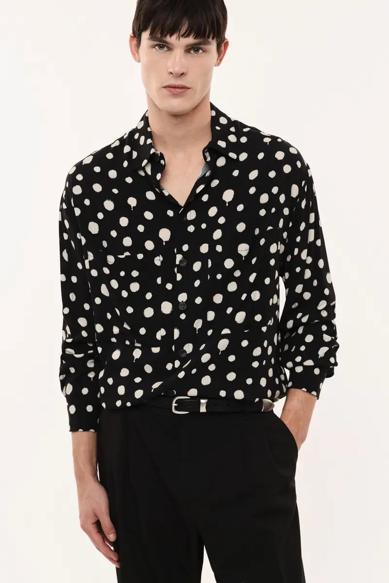 Camicia stampa pois con tasche frontali Nero miniatura 2