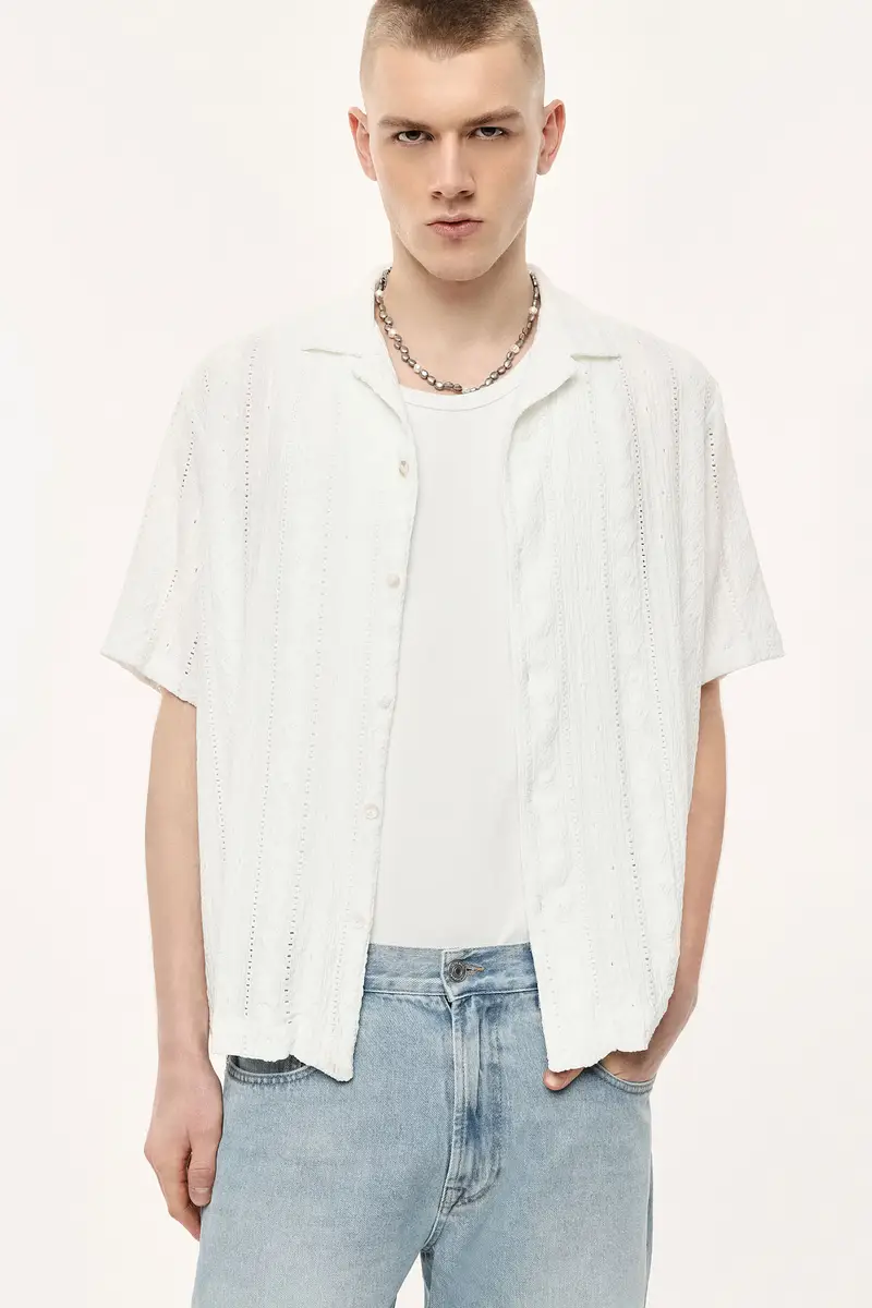 Camicia stampa traforata con colletto classico Bianco miniatura 2