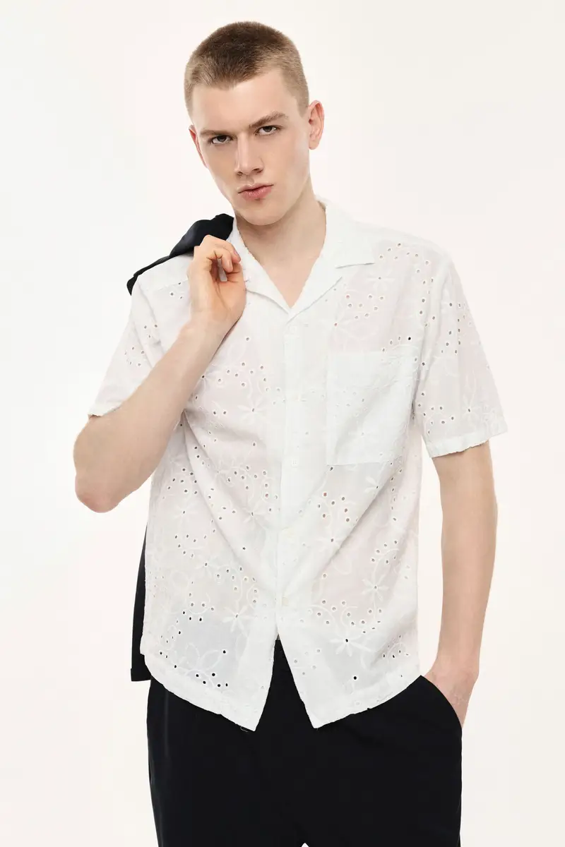 Camicia stampa traforata con colletto classico Bianco miniatura 2