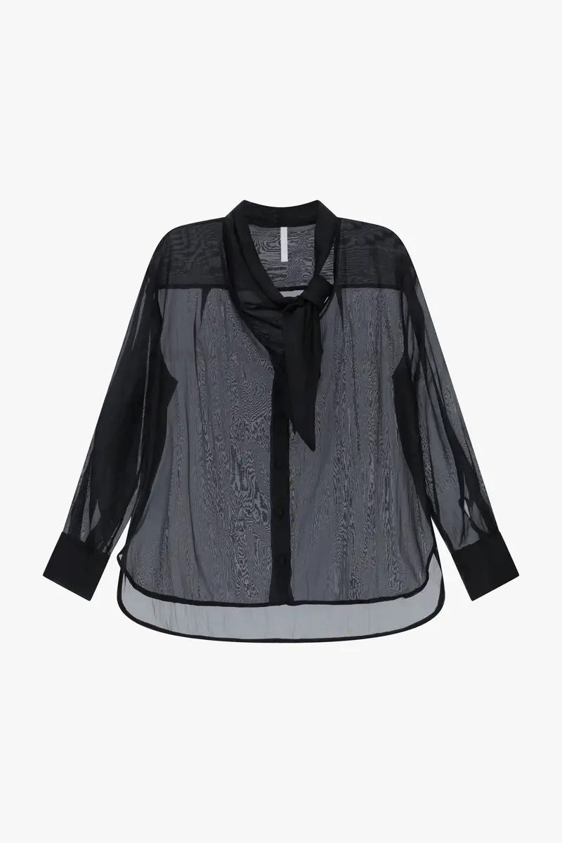 Camicia trasparente con maniche lunghe e fiocco Nero