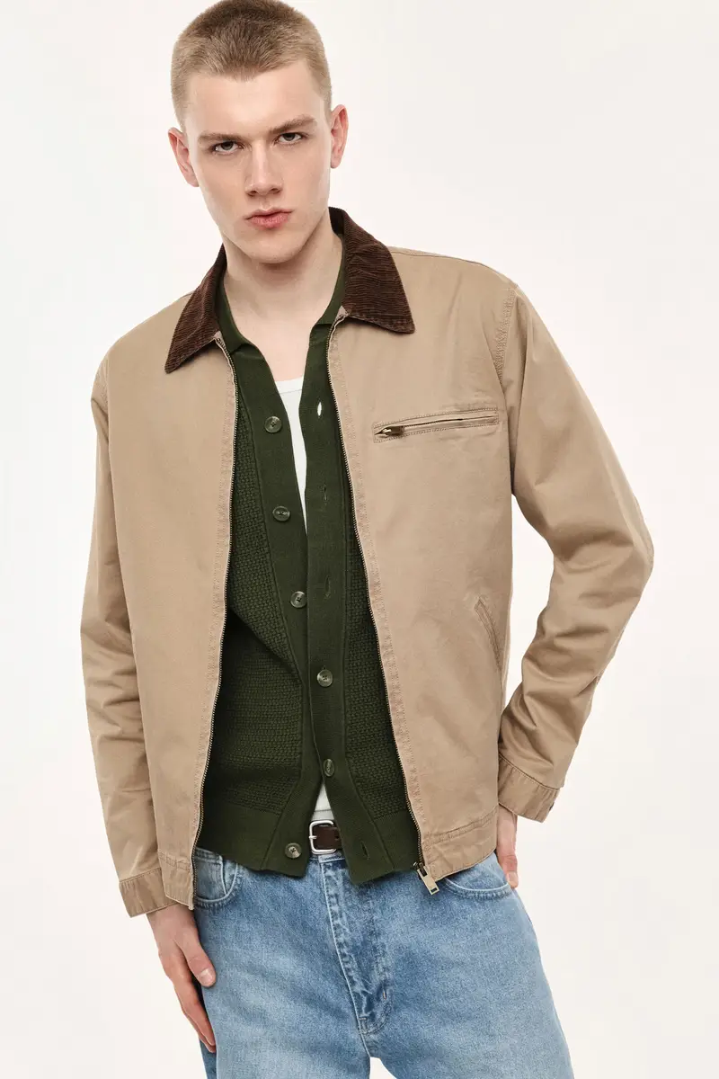 Cappotto con zip e colletto in velluto a coste Camel miniatura 2