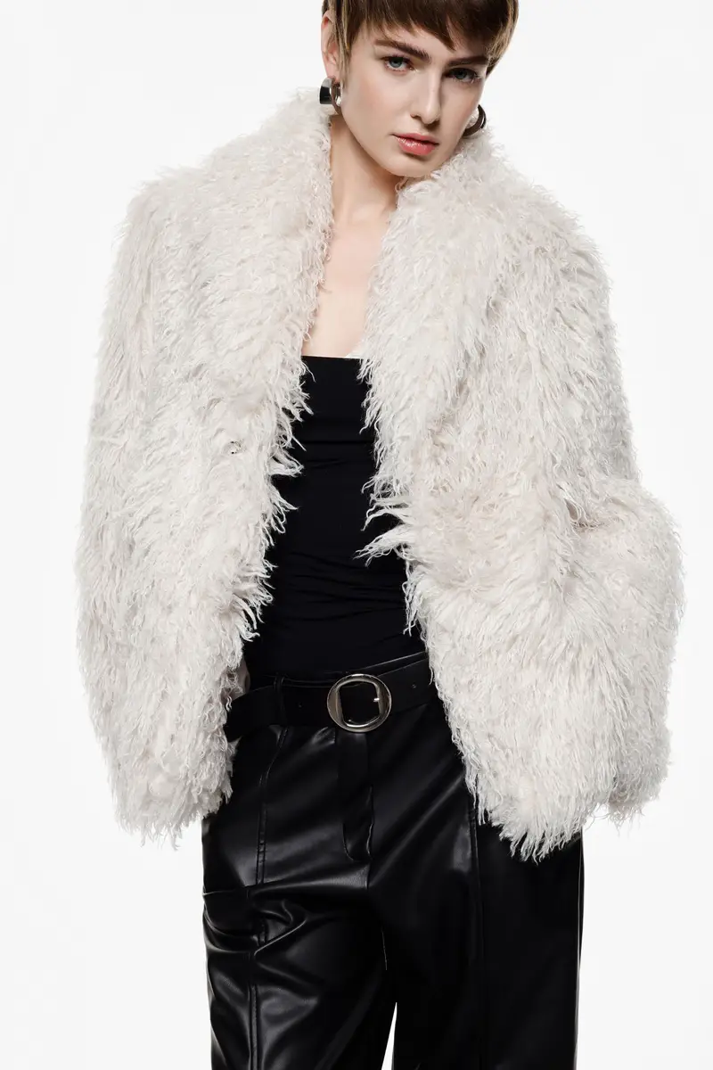 Cappotto corto effetto pelliccia riccio, collo ampio Naturale miniatura 2